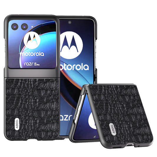 Uniqkart For Motorola Razr 40 Ultra 5G Shockproof Back Cover Genuine Cow Leather+PC Phone Case - Black