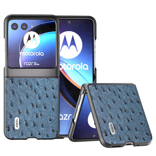 Uniqkart for Motorola Razr 40 Ultra 5G Genuine Cow Leather + PC Shockproof Case Ostrich Texture Phone Cover - Blue