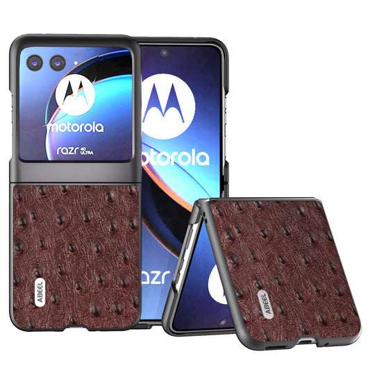 Uniqkart for Motorola Razr 40 Ultra 5G Genuine Cow Leather + PC Shockproof Case Ostrich Texture Phone Cover - Coffee