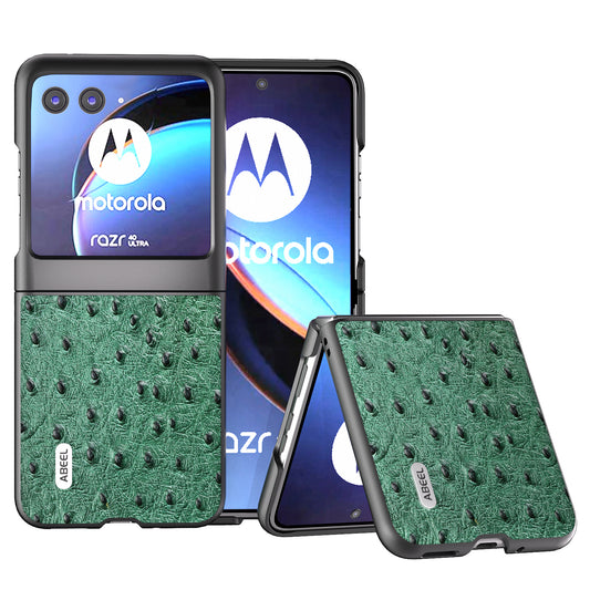 Uniqkart for Motorola Razr 40 Ultra 5G Genuine Cow Leather + PC Shockproof Case Ostrich Texture Phone Cover - Green