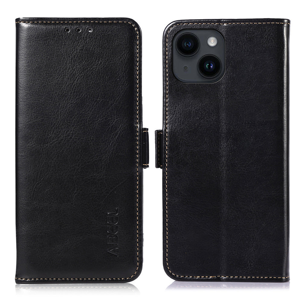 for iPhone 15 Anti-Dust PU Leather Wallet Phone Case Crazy Horse Texture Drop-proof Cover with Stand - Black