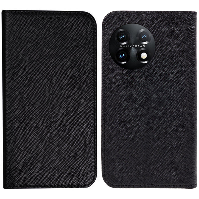 Stand Wallet Shell for OnePlus 11 5G Shockproof Phone Cover Cross Texture PU Leather Case - Black