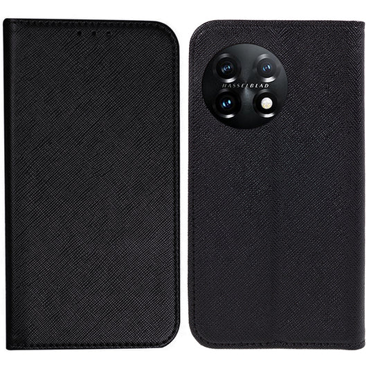 Stand Wallet Shell for OnePlus 11 5G Shockproof Phone Cover Cross Texture PU Leather Case - Black