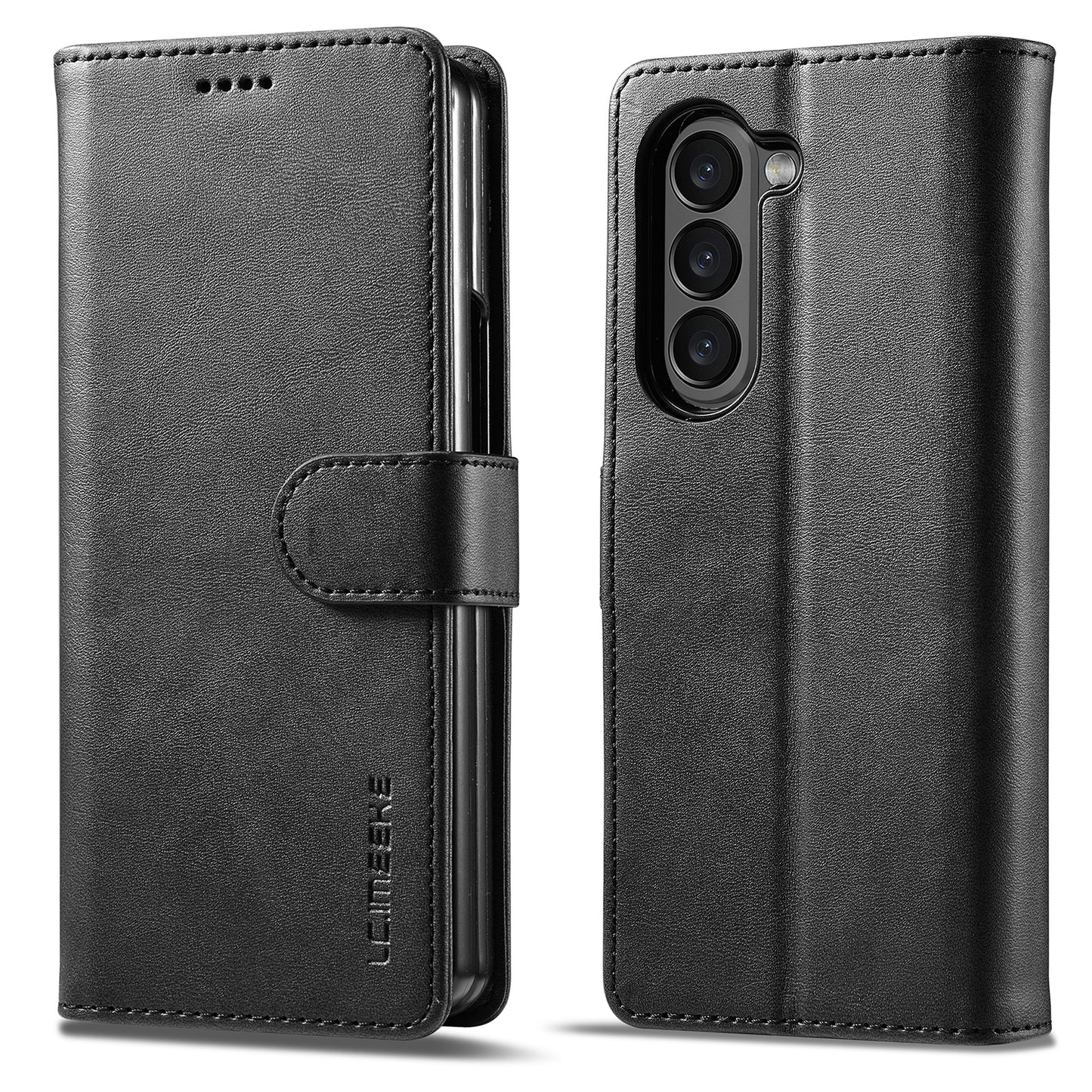 Uniqkart For Samsung Galaxy Z Fold5 5G Wallet Leather Phone Case Stand Calf Texture Phone Cover - Black