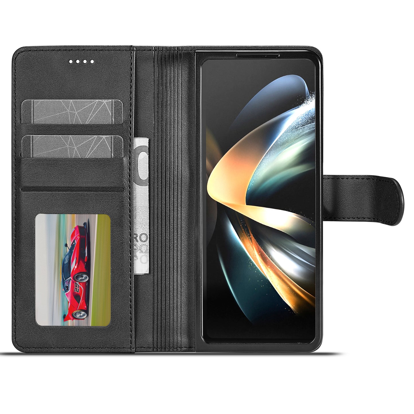 Uniqkart For Samsung Galaxy Z Fold5 5G Wallet Leather Phone Case Stand Calf Texture Phone Cover - Black