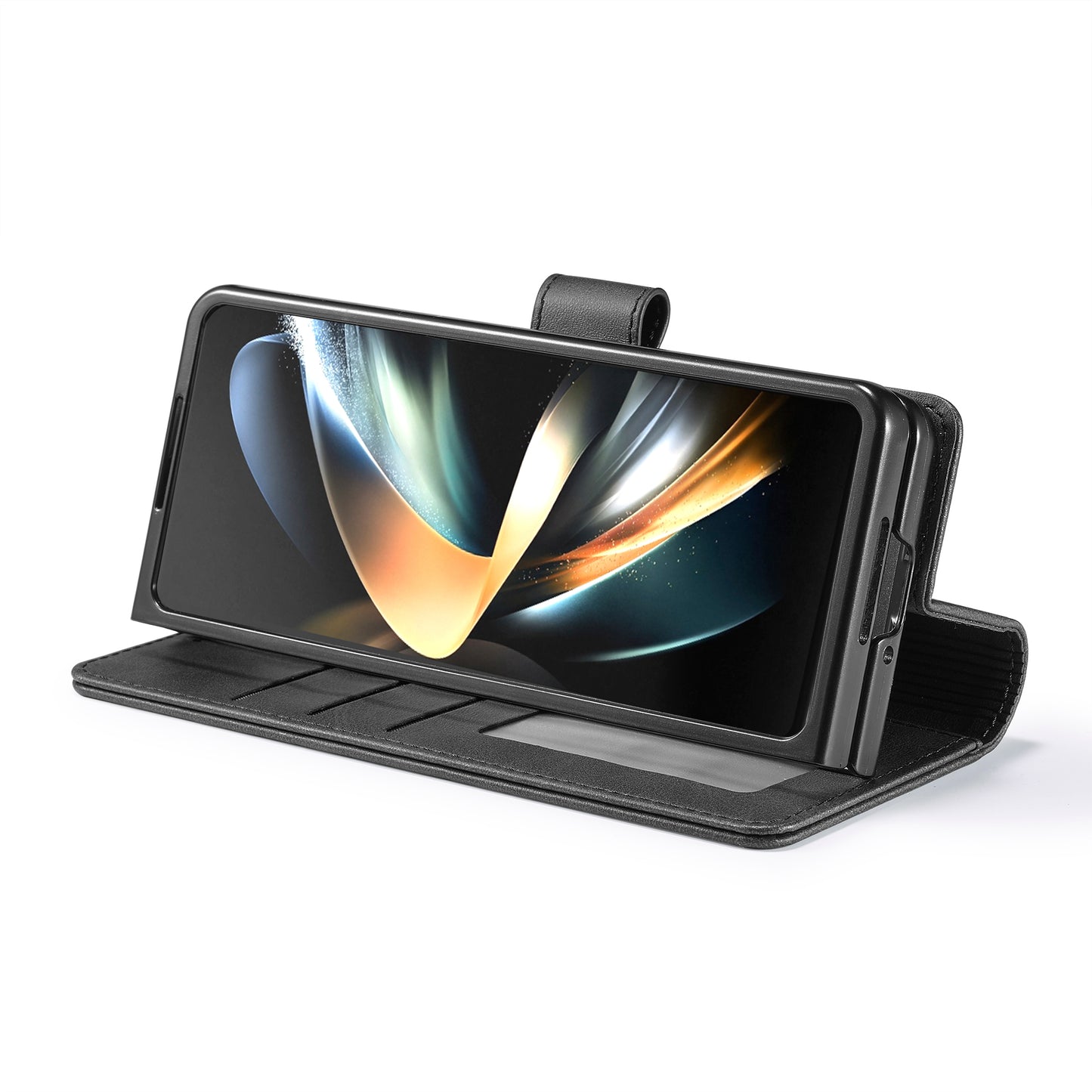 Uniqkart For Samsung Galaxy Z Fold5 5G Wallet Leather Phone Case Stand Calf Texture Phone Cover - Black