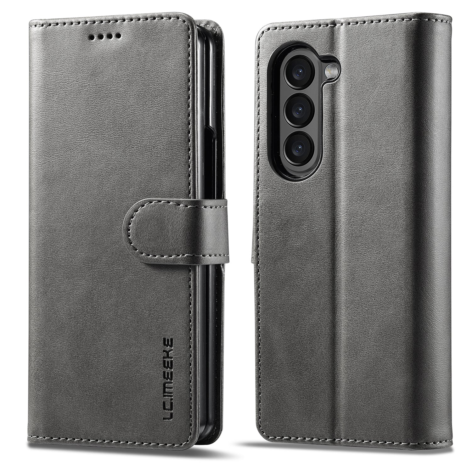 Uniqkart For Samsung Galaxy Z Fold5 5G Wallet Leather Phone Case Stand Calf Texture Phone Cover - Grey