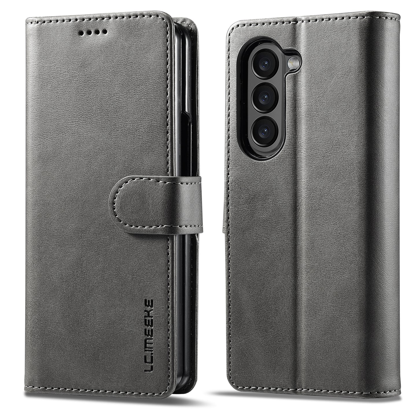 Uniqkart For Samsung Galaxy Z Fold5 5G Wallet Leather Phone Case Stand Calf Texture Phone Cover - Grey
