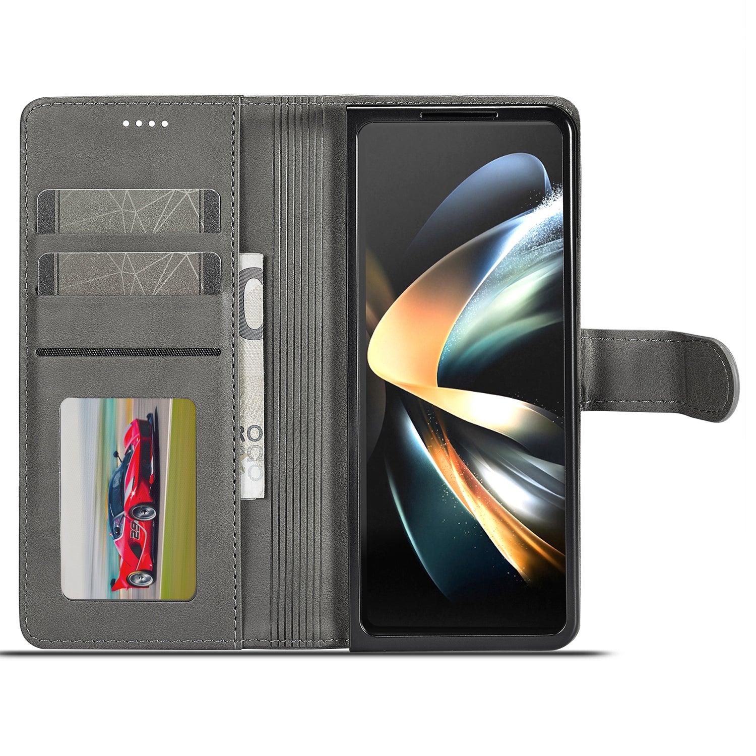Uniqkart For Samsung Galaxy Z Fold5 5G Wallet Leather Phone Case Stand Calf Texture Phone Cover - Grey