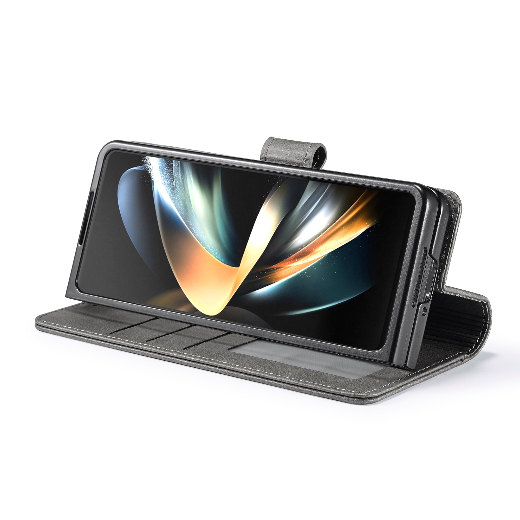 Uniqkart For Samsung Galaxy Z Fold5 5G Wallet Leather Phone Case Stand Calf Texture Phone Cover - Grey