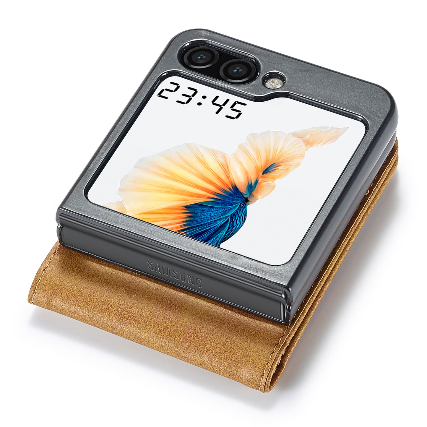 Uniqkart For Samsung Galaxy Z Flip5 5G PU Leather Phone Case Card Holder Calf Texture Stand Cover - Yellow