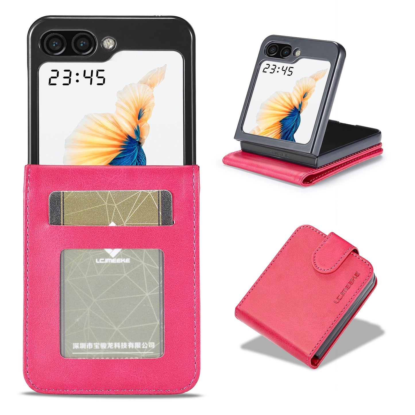 Uniqkart For Samsung Galaxy Z Flip5 5G PU Leather Phone Case Card Holder Calf Texture Stand Cover - Rose