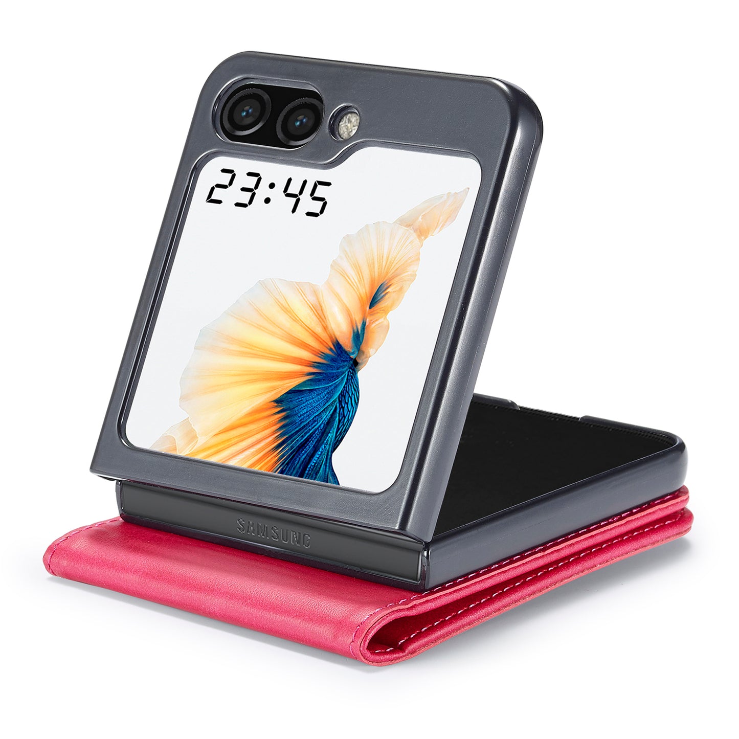 Uniqkart For Samsung Galaxy Z Flip5 5G PU Leather Phone Case Card Holder Calf Texture Stand Cover - Rose