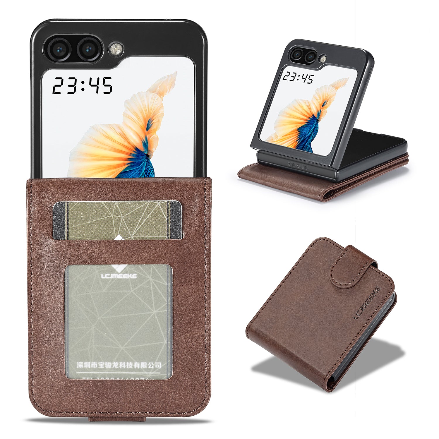 Uniqkart For Samsung Galaxy Z Flip5 5G PU Leather Phone Case Card Holder Calf Texture Stand Cover - Brown