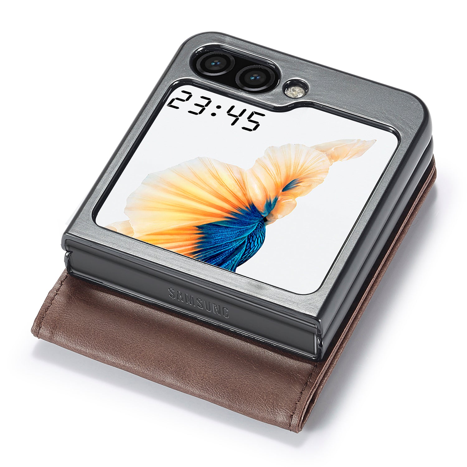 Uniqkart For Samsung Galaxy Z Flip5 5G PU Leather Phone Case Card Holder Calf Texture Stand Cover - Brown