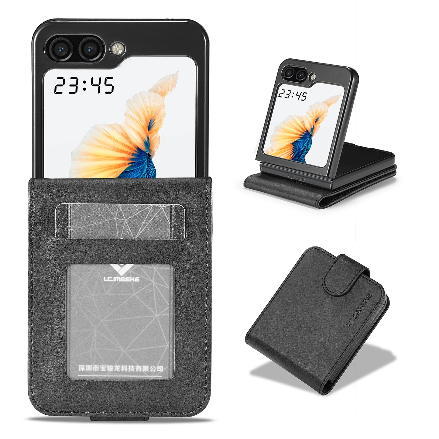 Uniqkart For Samsung Galaxy Z Flip5 5G PU Leather Phone Case Card Holder Calf Texture Stand Cover - Black