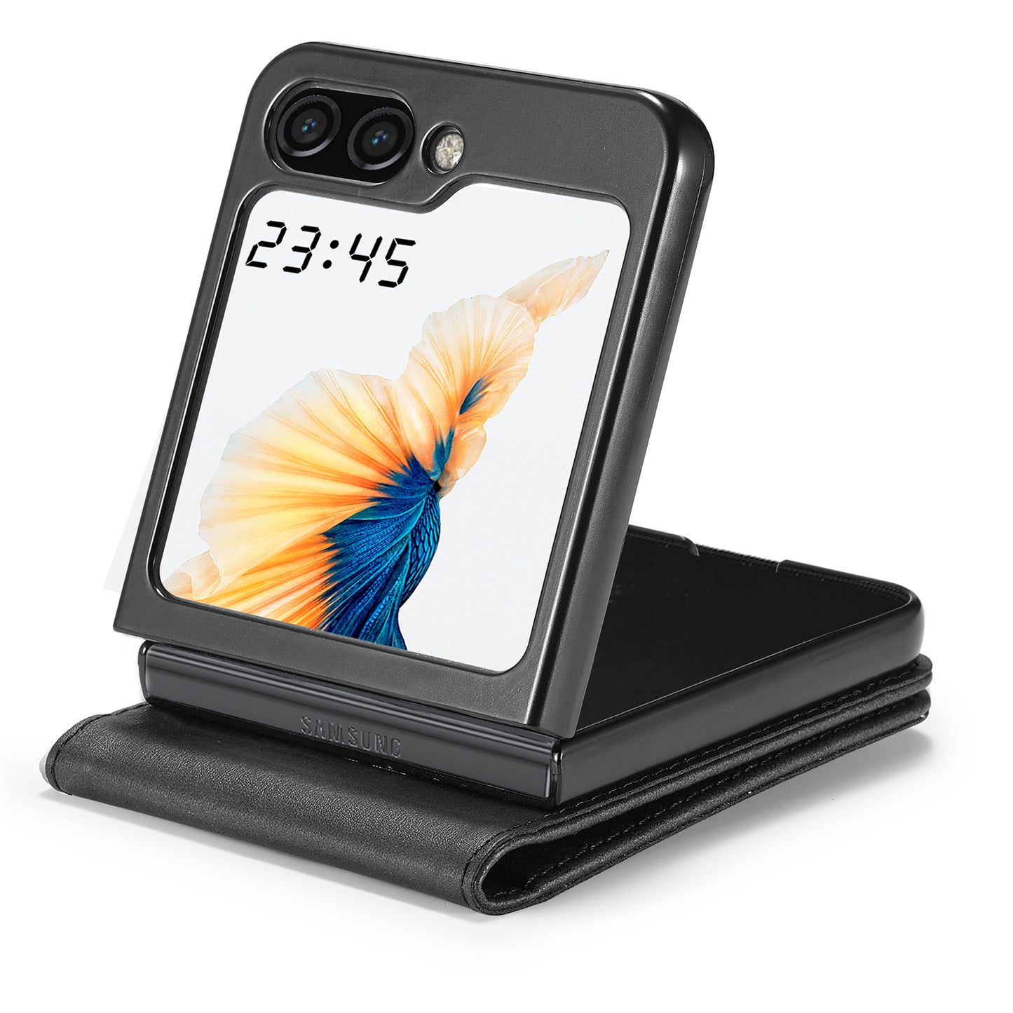 Uniqkart For Samsung Galaxy Z Flip5 5G PU Leather Phone Case Card Holder Calf Texture Stand Cover - Black