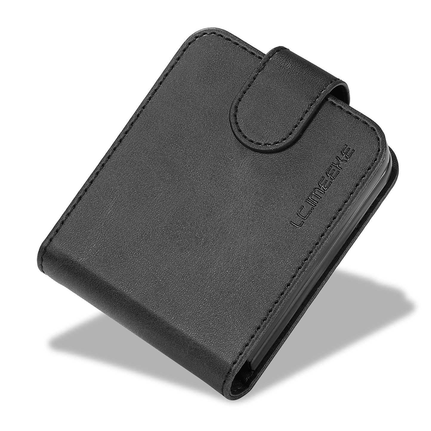 Uniqkart For Samsung Galaxy Z Flip5 5G PU Leather Phone Case Card Holder Calf Texture Stand Cover - Black