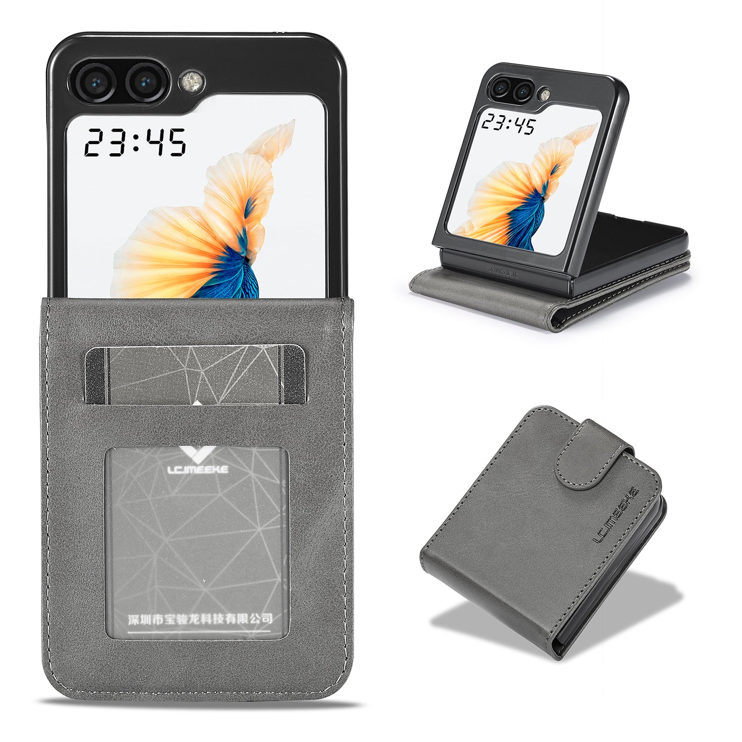 Uniqkart For Samsung Galaxy Z Flip5 5G PU Leather Phone Case Card Holder Calf Texture Stand Cover - Grey