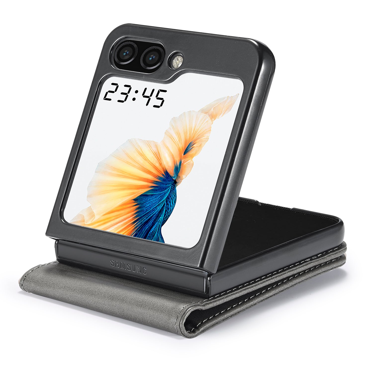Uniqkart For Samsung Galaxy Z Flip5 5G PU Leather Phone Case Card Holder Calf Texture Stand Cover - Grey