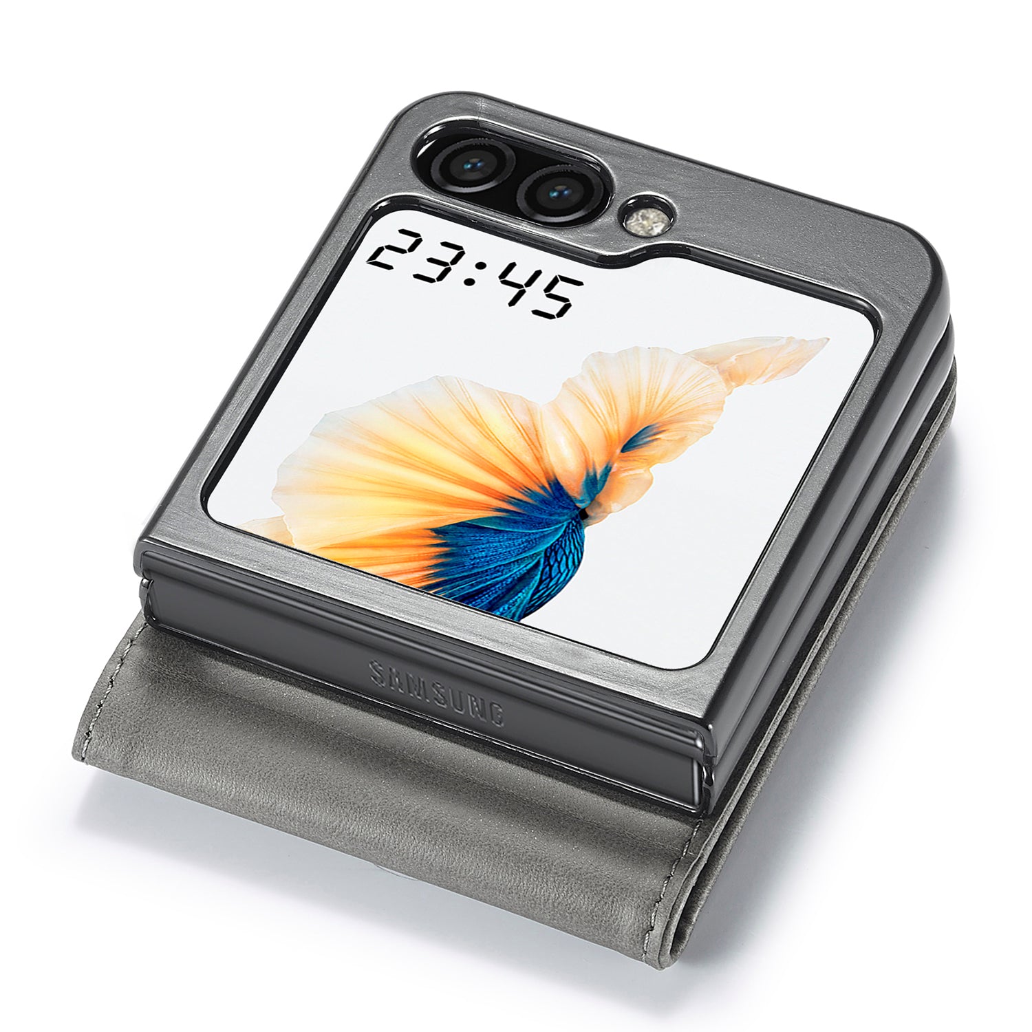 Uniqkart For Samsung Galaxy Z Flip5 5G PU Leather Phone Case Card Holder Calf Texture Stand Cover - Grey