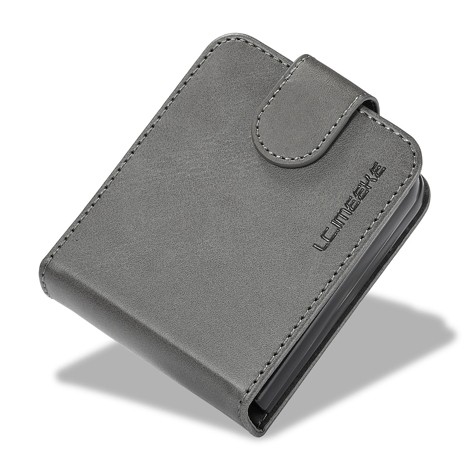 Uniqkart For Samsung Galaxy Z Flip5 5G PU Leather Phone Case Card Holder Calf Texture Stand Cover - Grey