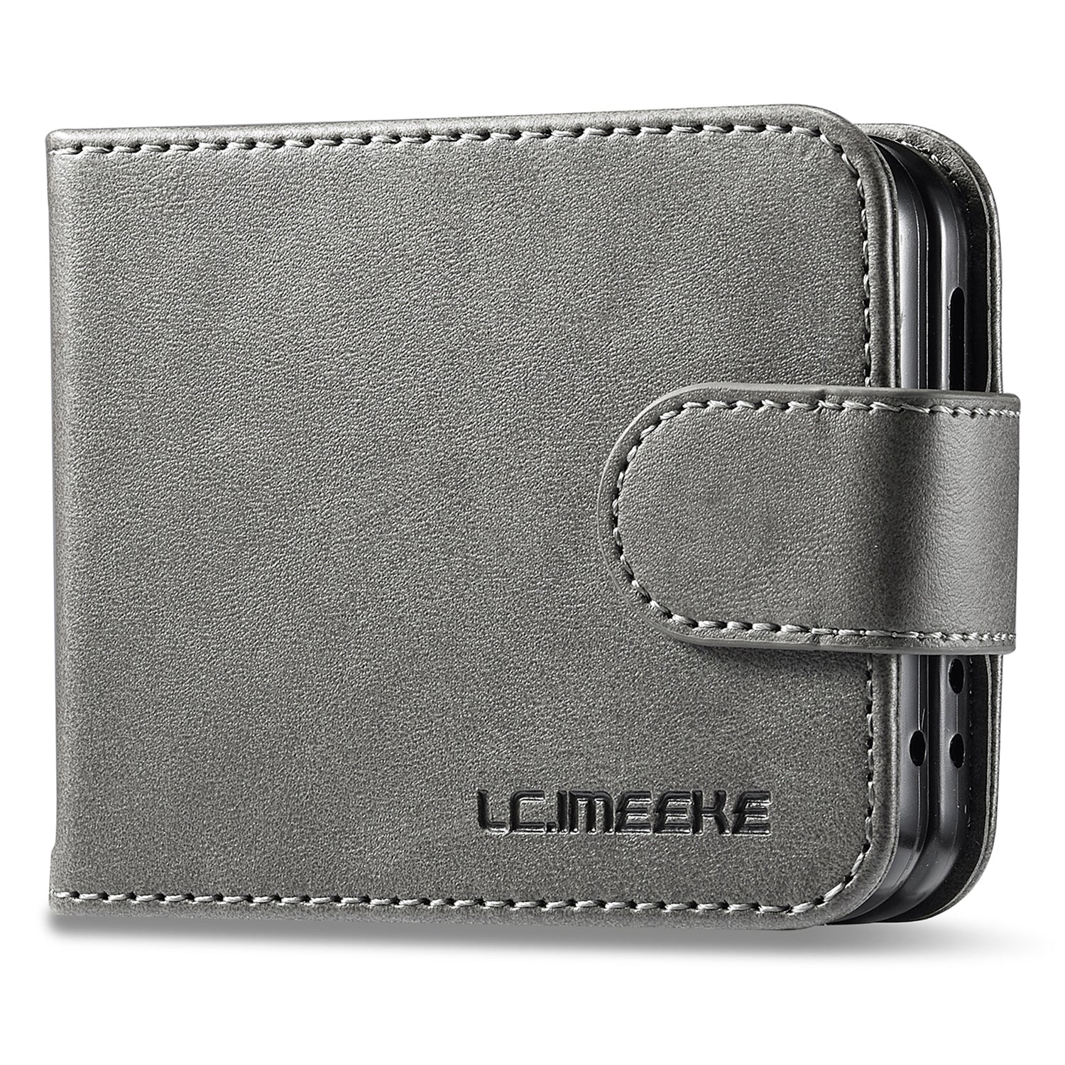 Uniqkart For Samsung Galaxy Z Flip5 5G PU Leather Phone Case Card Holder Calf Texture Stand Cover - Grey