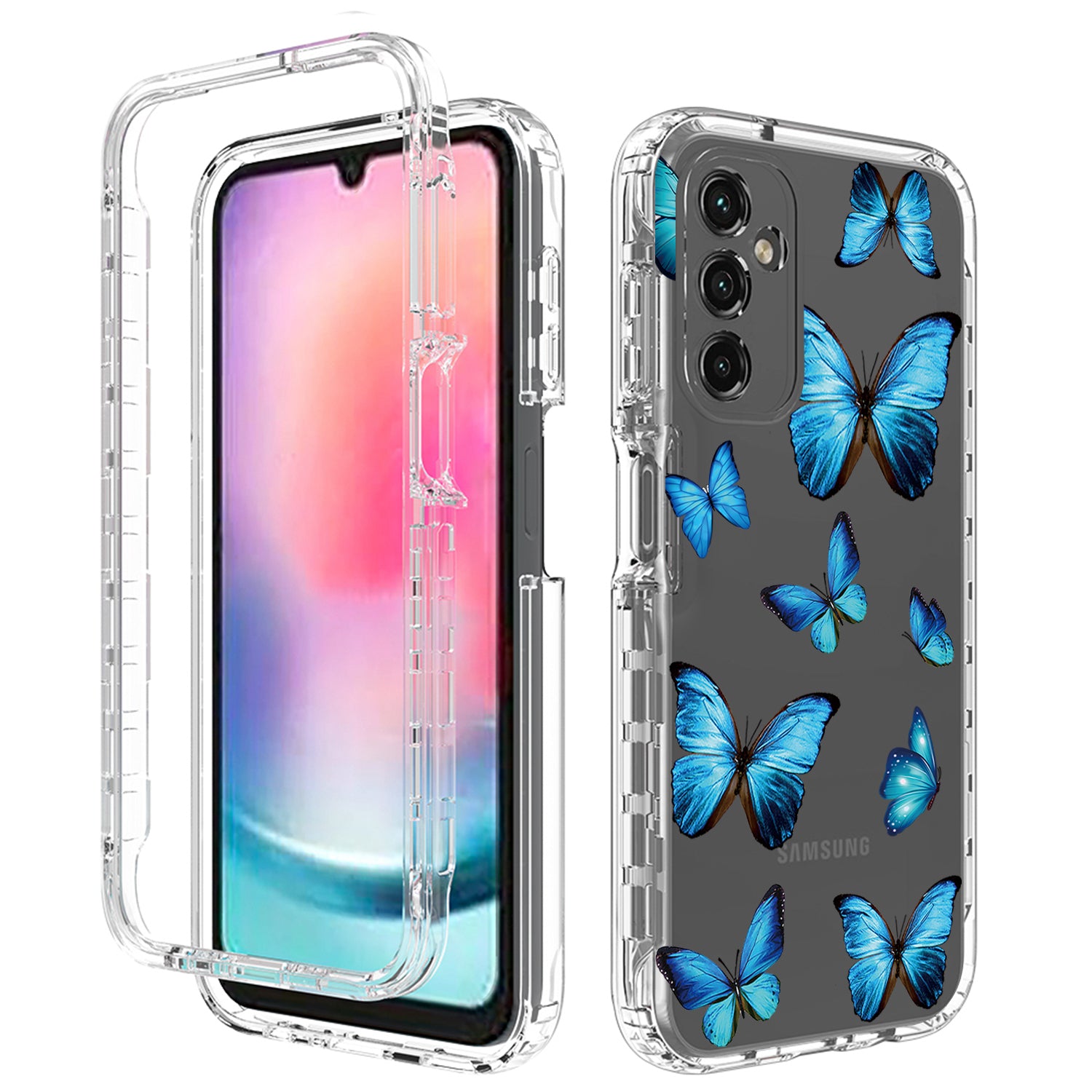 Uniqkart for Samsung Galaxy A24 4G Pattern Printing Phone Case PC Frame + TPU Transparent Phone Cover - Blue Butterfly