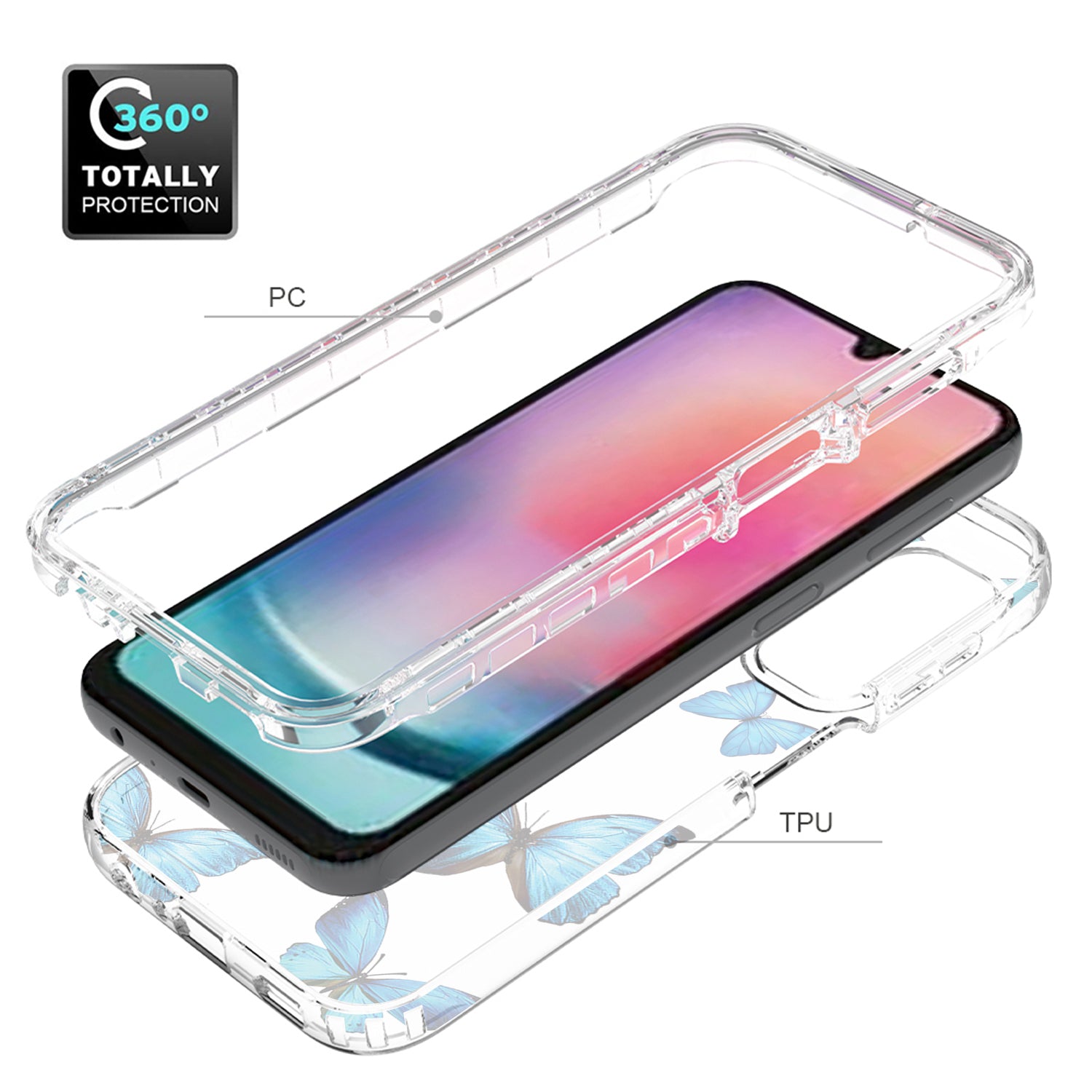 Uniqkart for Samsung Galaxy A24 4G Pattern Printing Phone Case PC Frame + TPU Transparent Phone Cover - Blue Butterfly