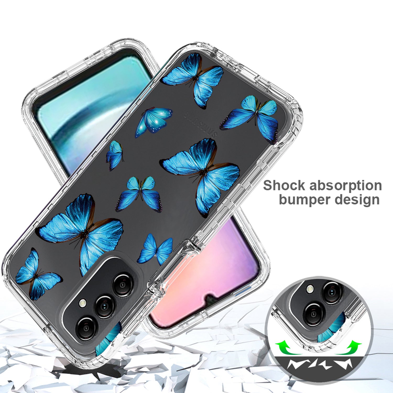 Uniqkart for Samsung Galaxy A24 4G Pattern Printing Phone Case PC Frame + TPU Transparent Phone Cover - Blue Butterfly