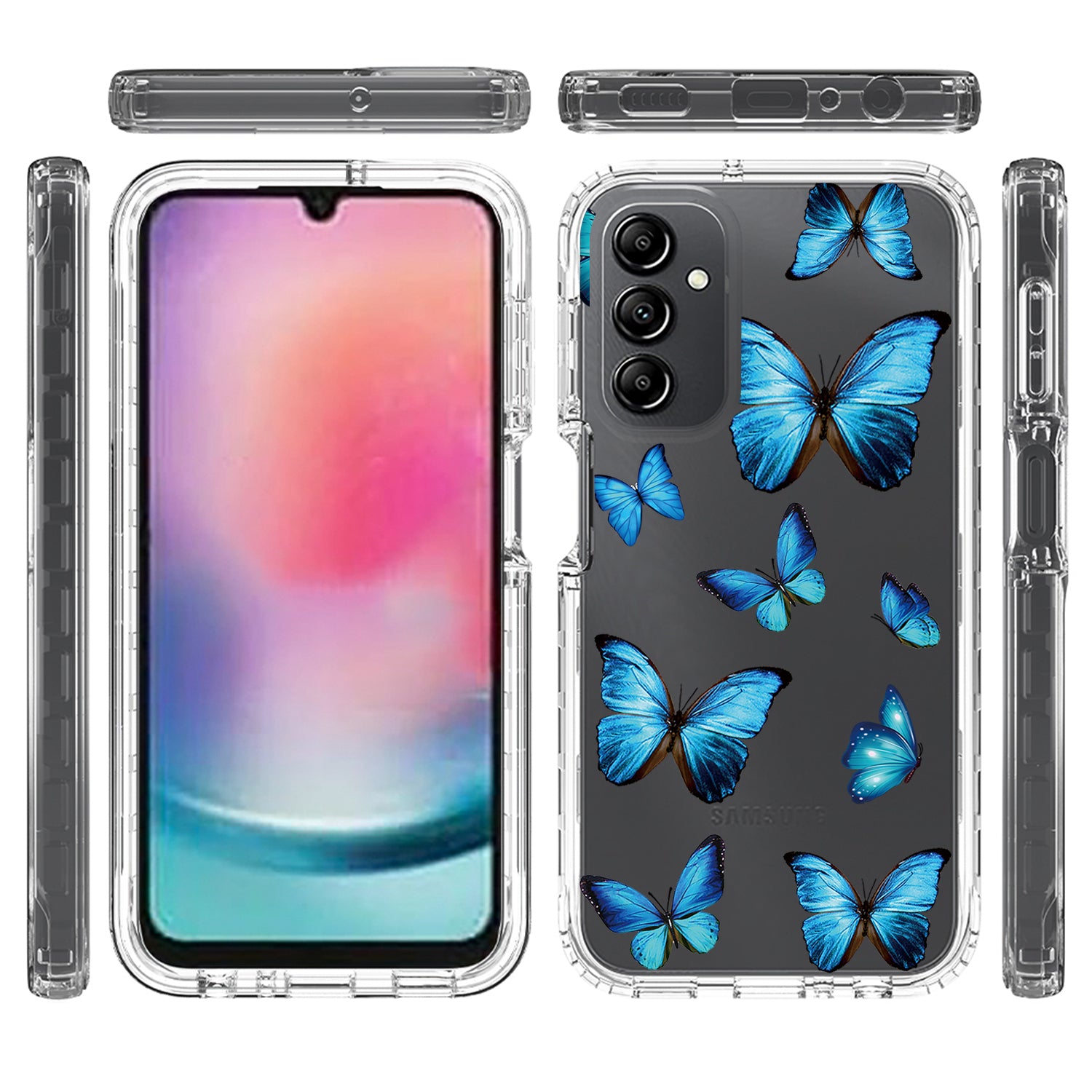 Uniqkart for Samsung Galaxy A24 4G Pattern Printing Phone Case PC Frame + TPU Transparent Phone Cover - Blue Butterfly