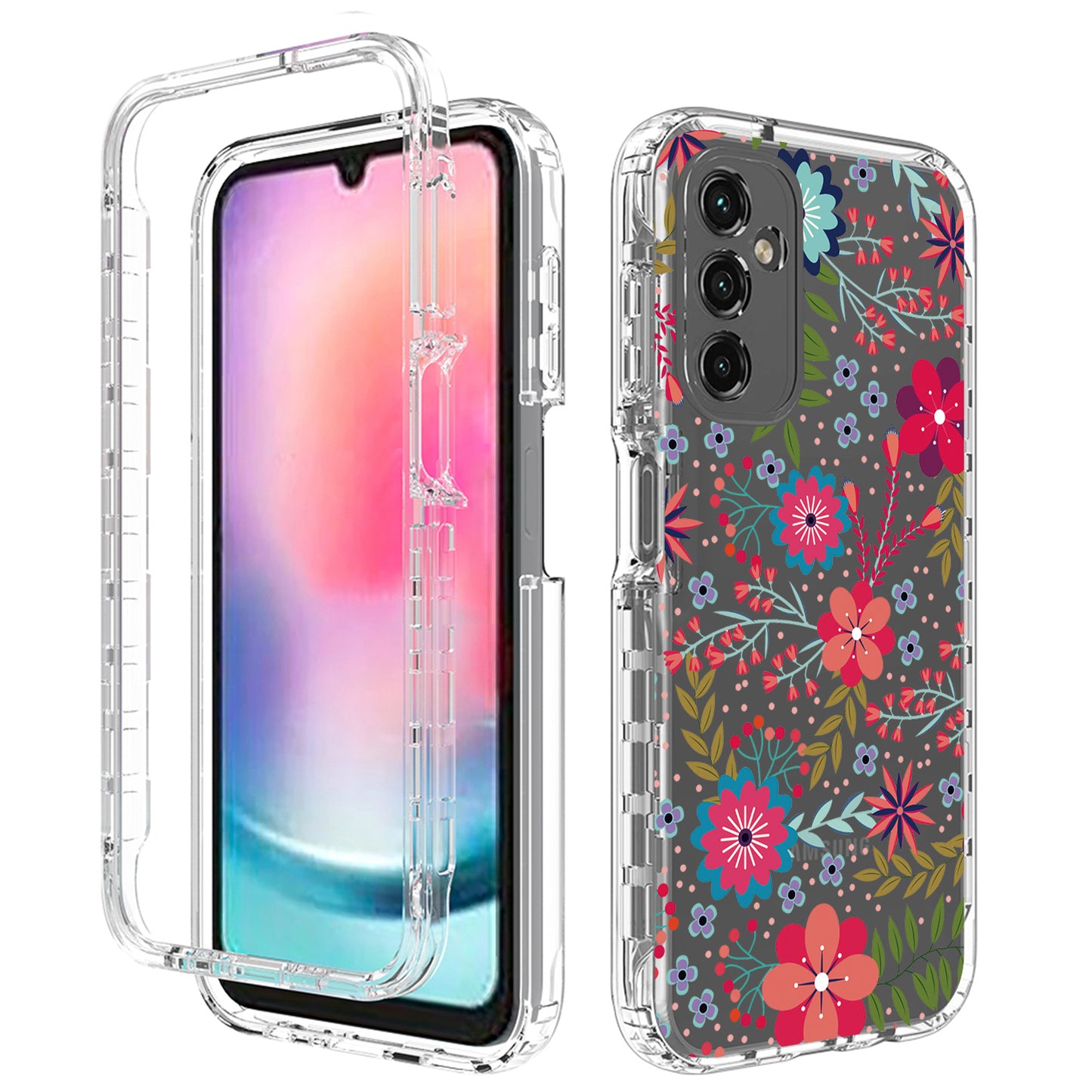 Uniqkart for Samsung Galaxy A24 4G Pattern Printing Phone Case PC Frame + TPU Transparent Phone Cover - Flower and Leaf