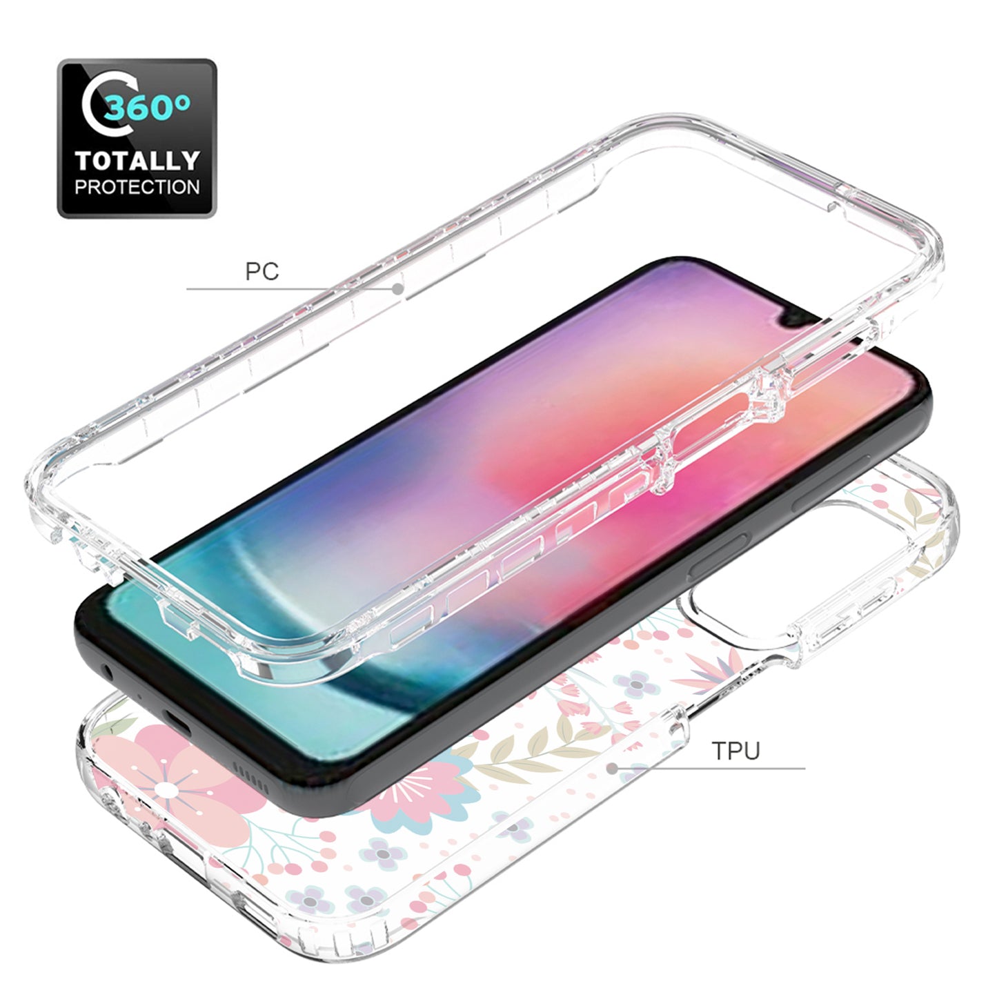 Uniqkart for Samsung Galaxy A24 4G Pattern Printing Phone Case PC Frame + TPU Transparent Phone Cover - Flower and Leaf
