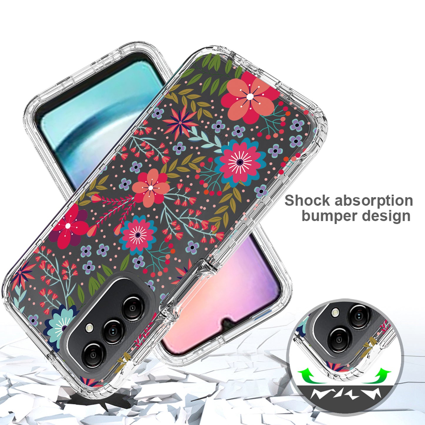 Uniqkart for Samsung Galaxy A24 4G Pattern Printing Phone Case PC Frame + TPU Transparent Phone Cover - Flower and Leaf