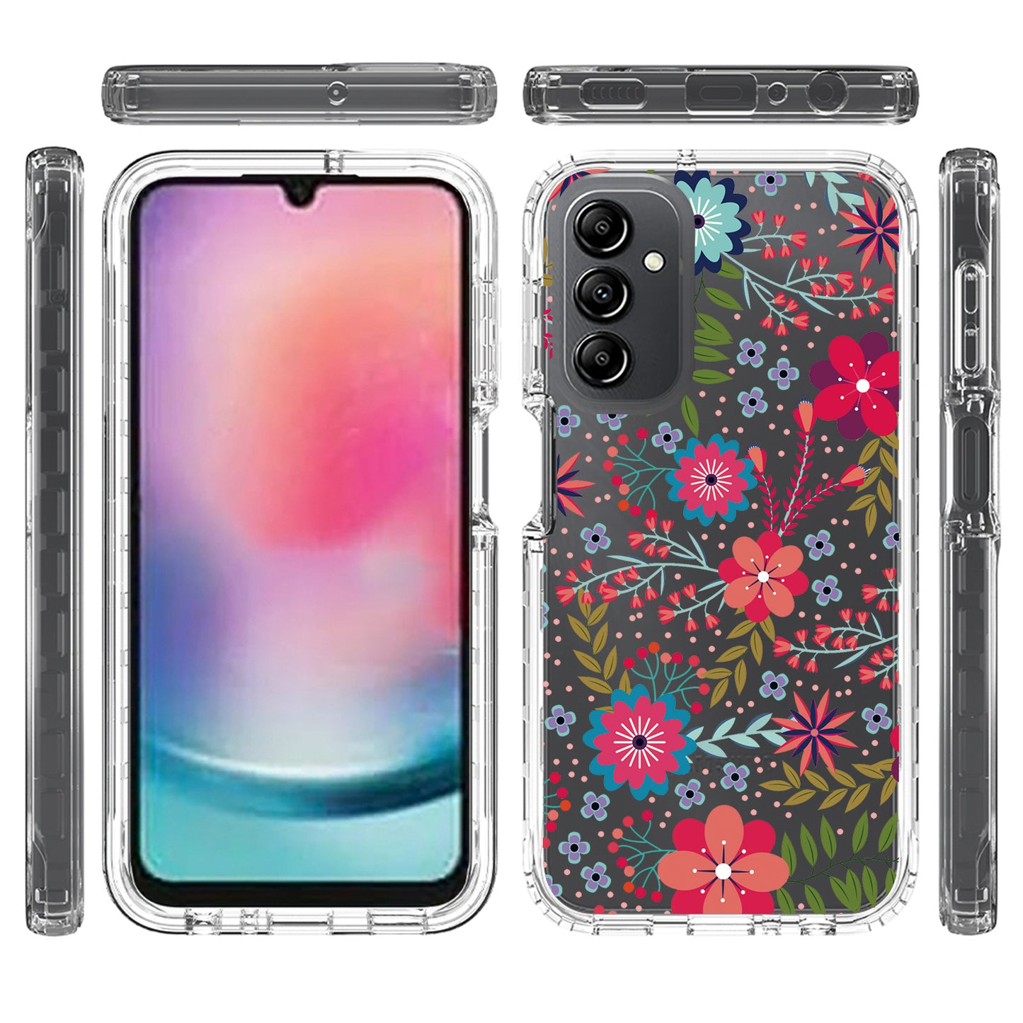 Uniqkart for Samsung Galaxy A24 4G Pattern Printing Phone Case PC Frame + TPU Transparent Phone Cover - Flower and Leaf