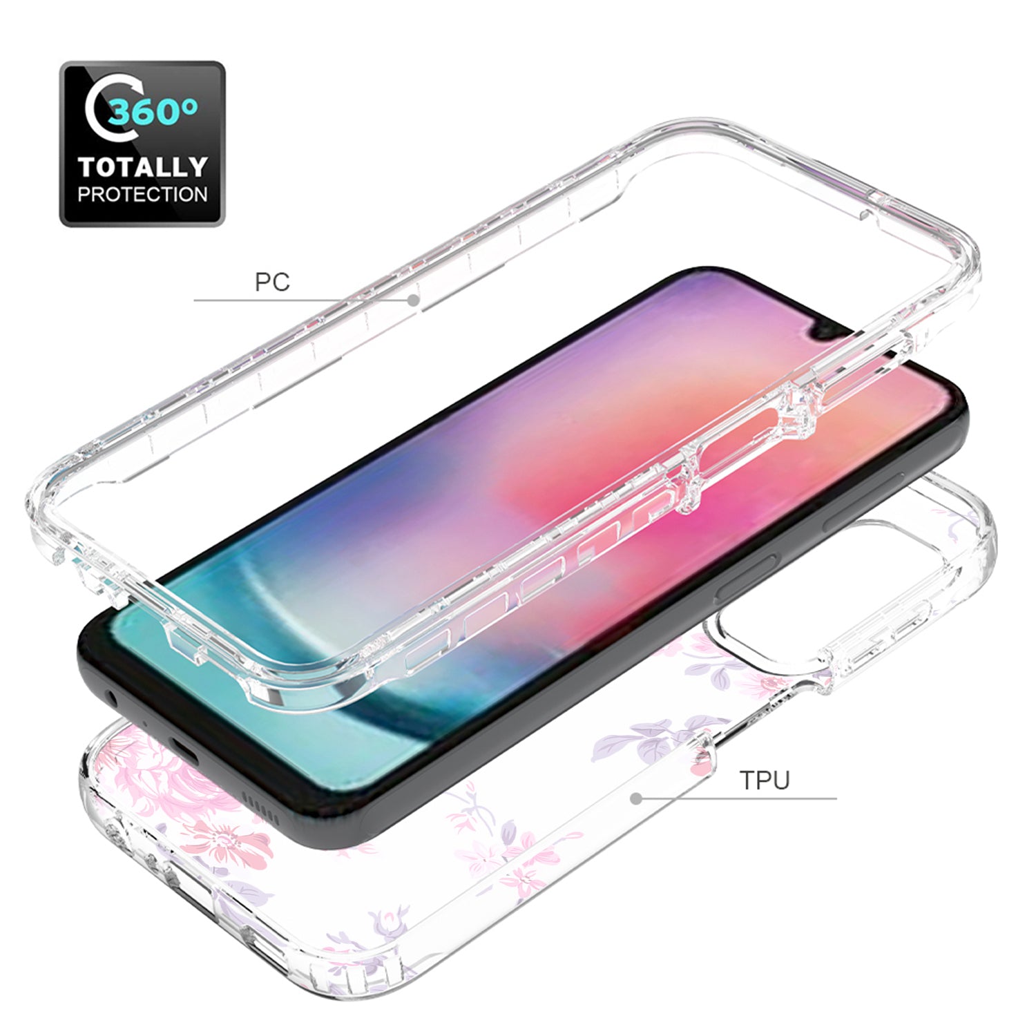 Uniqkart for Samsung Galaxy A24 4G Pattern Printing Phone Case PC Frame + TPU Transparent Phone Cover - Flower