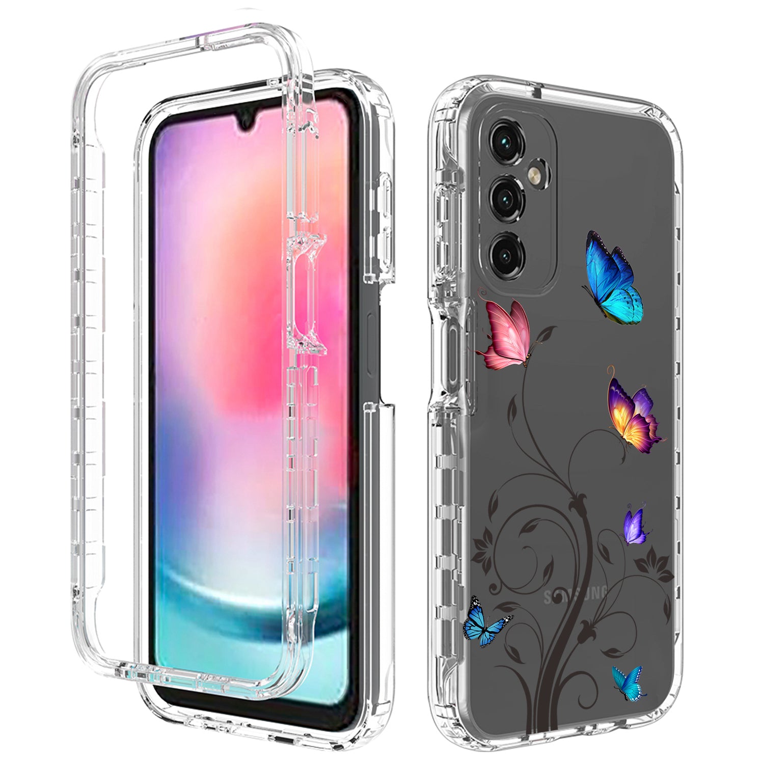Uniqkart for Samsung Galaxy A24 4G Pattern Printing Phone Case PC Frame + TPU Transparent Phone Cover - Tree and Butterfly
