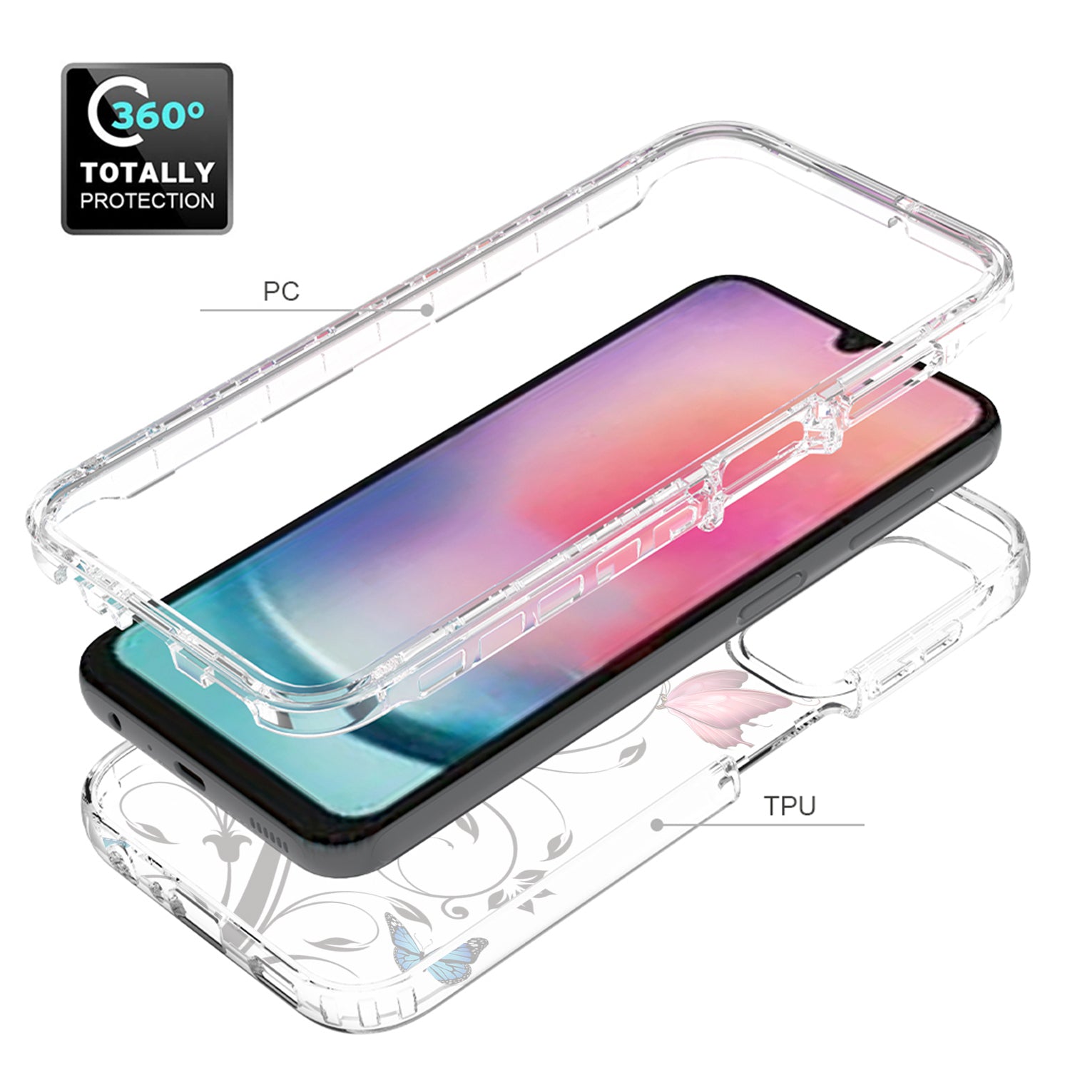 Uniqkart for Samsung Galaxy A24 4G Pattern Printing Phone Case PC Frame + TPU Transparent Phone Cover - Tree and Butterfly