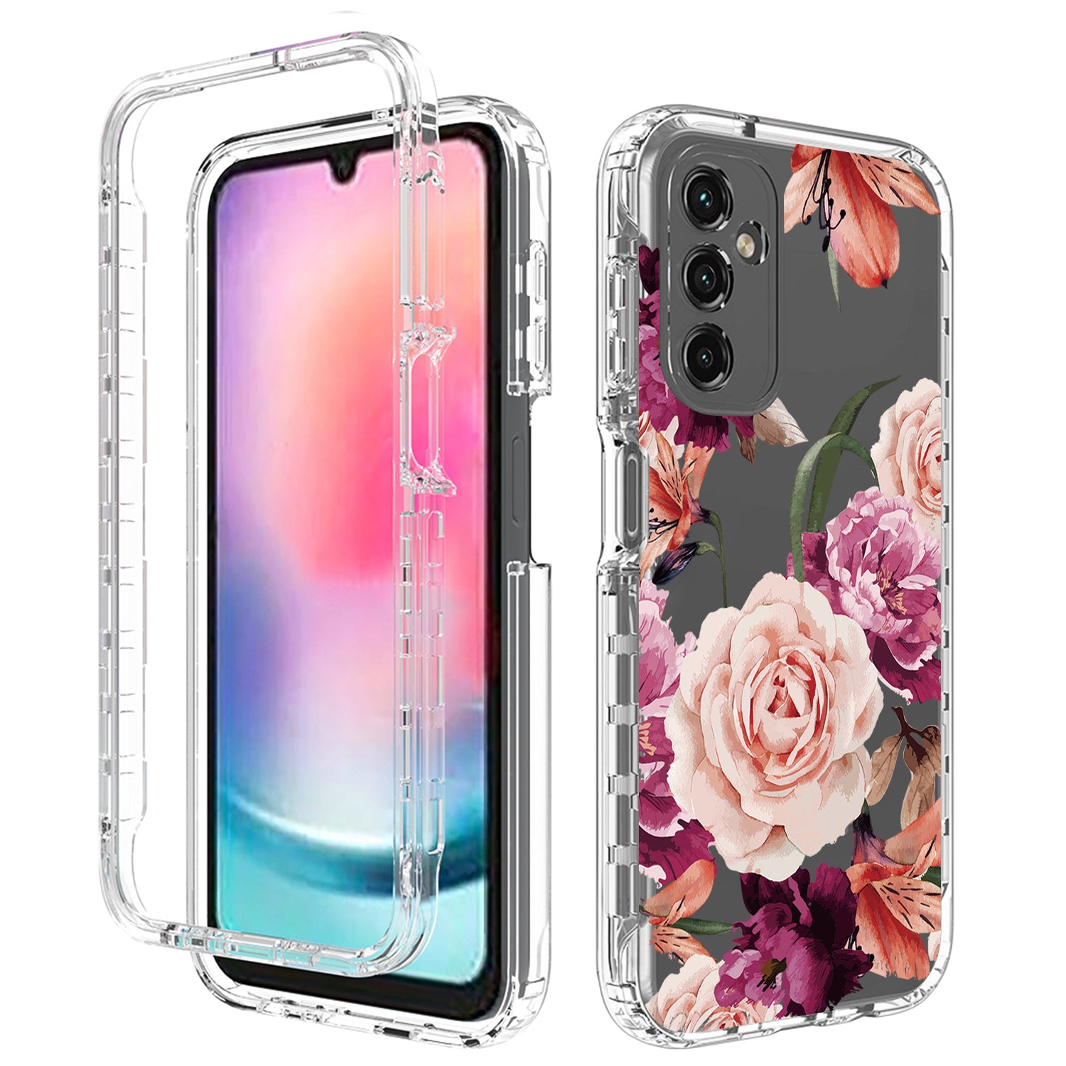 Uniqkart for Samsung Galaxy A24 4G Pattern Printing Phone Case PC Frame + TPU Transparent Phone Cover - Purple Flower