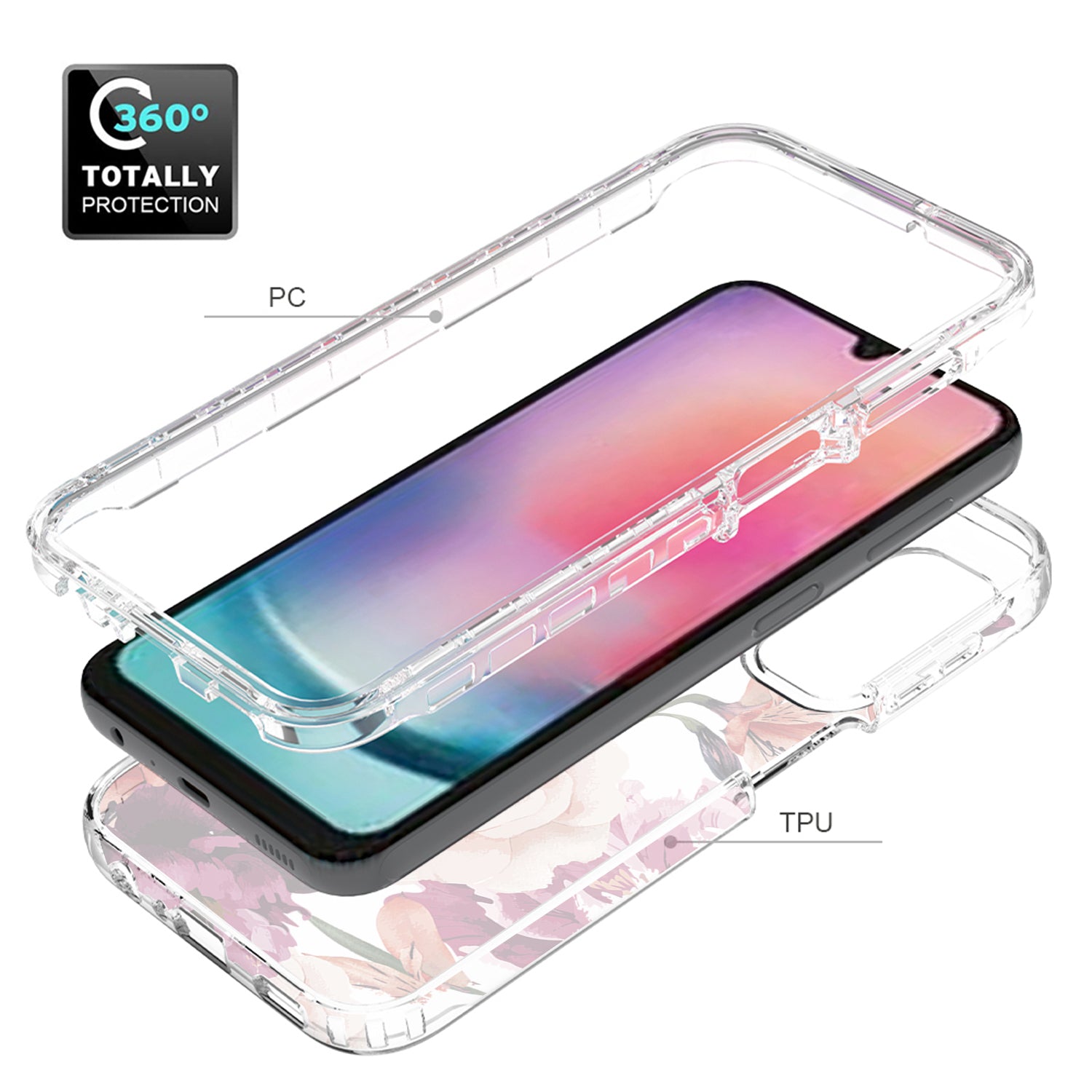 Uniqkart for Samsung Galaxy A24 4G Pattern Printing Phone Case PC Frame + TPU Transparent Phone Cover - Purple Flower