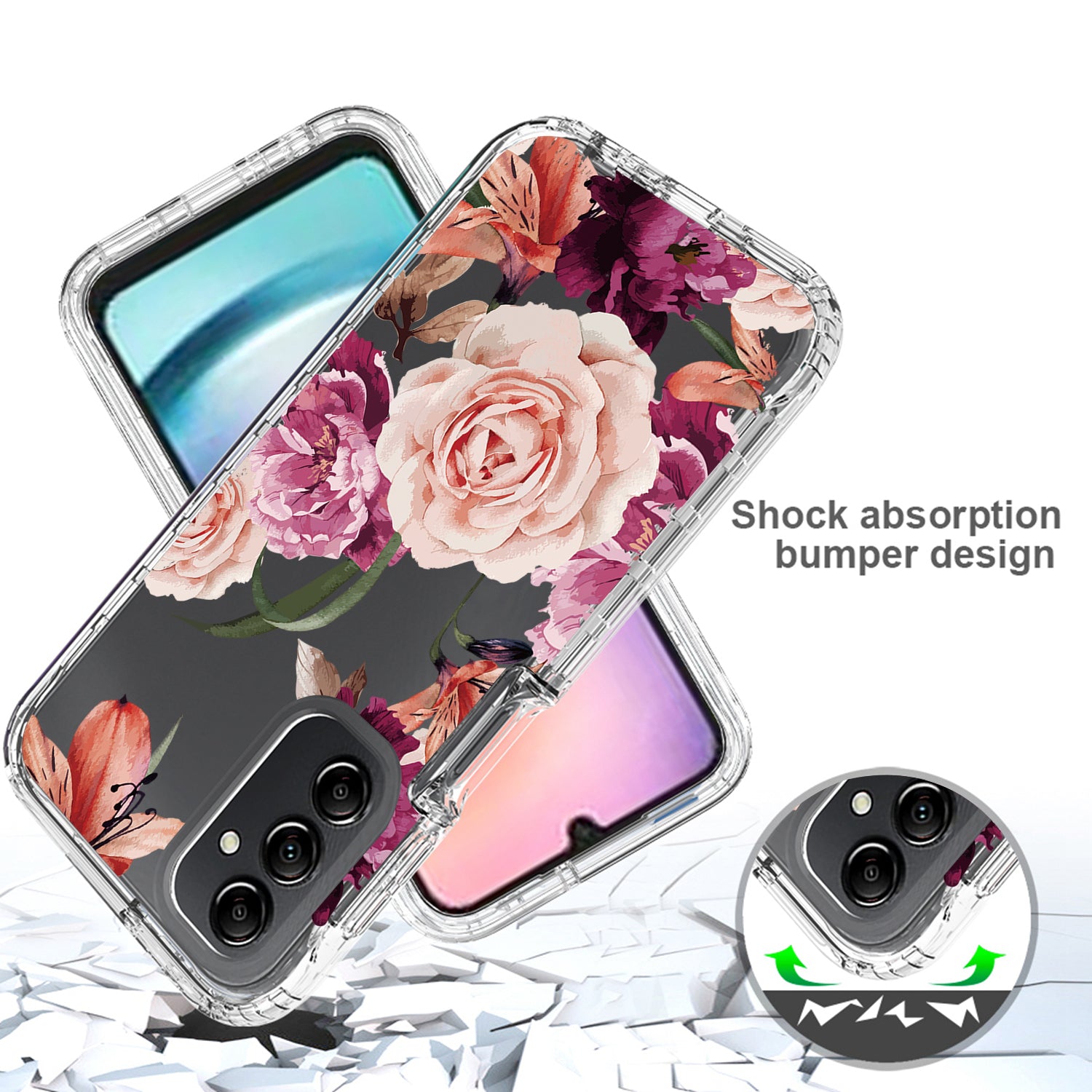 Uniqkart for Samsung Galaxy A24 4G Pattern Printing Phone Case PC Frame + TPU Transparent Phone Cover - Purple Flower