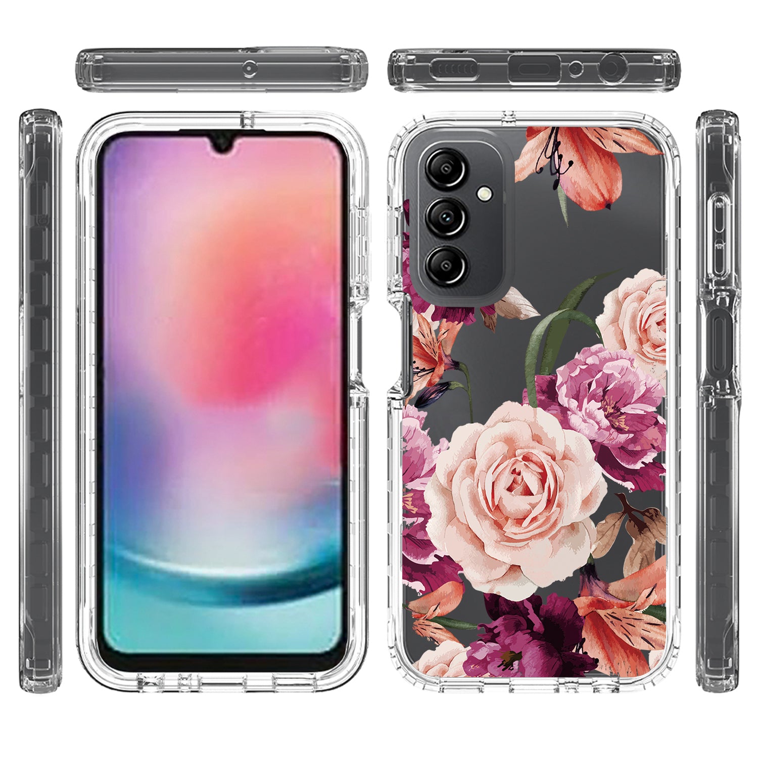 Uniqkart for Samsung Galaxy A24 4G Pattern Printing Phone Case PC Frame + TPU Transparent Phone Cover - Purple Flower