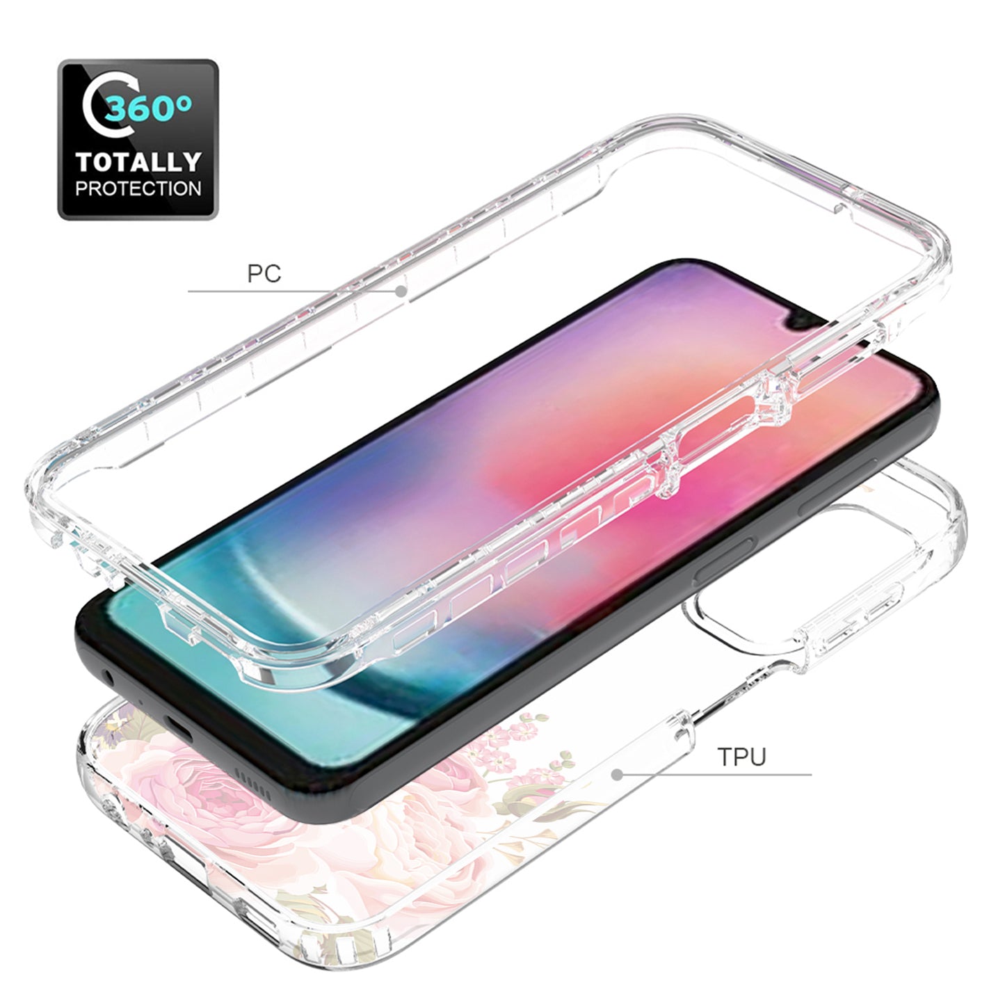 Uniqkart for Samsung Galaxy A24 4G Pattern Printing Phone Case PC Frame + TPU Transparent Phone Cover - Rose Flower