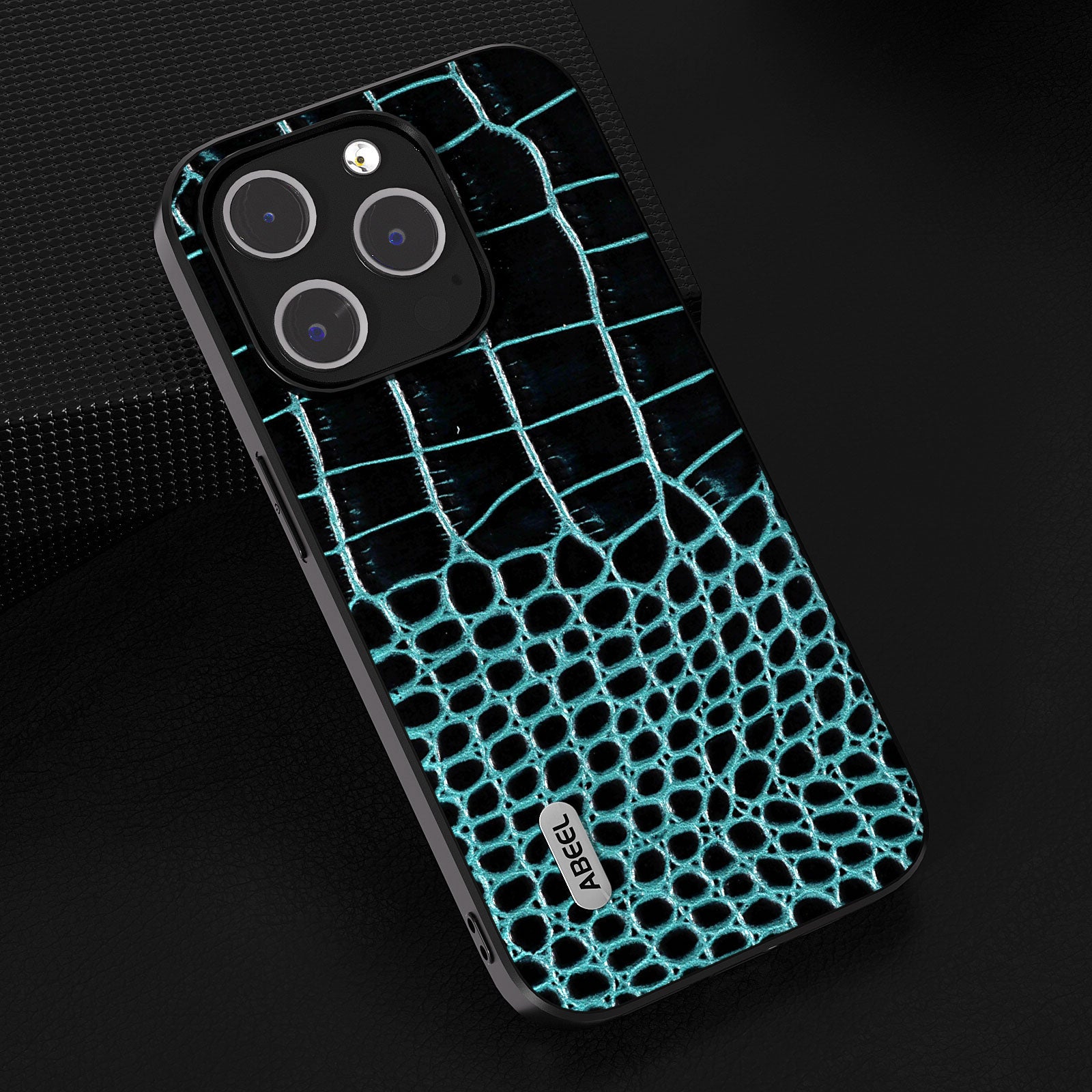 Uniqkart For 	iPhone 15 Pro Crocodile Texture Phone Case Genuine Cow Leather+PC+TPU Hybrid Cover - Blue