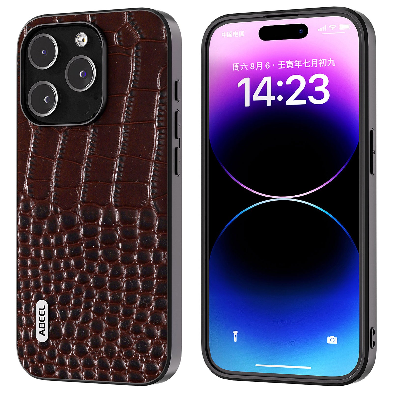 Uniqkart For 	iPhone 15 Pro Crocodile Texture Phone Case Genuine Cow Leather+PC+TPU Hybrid Cover - Coffee