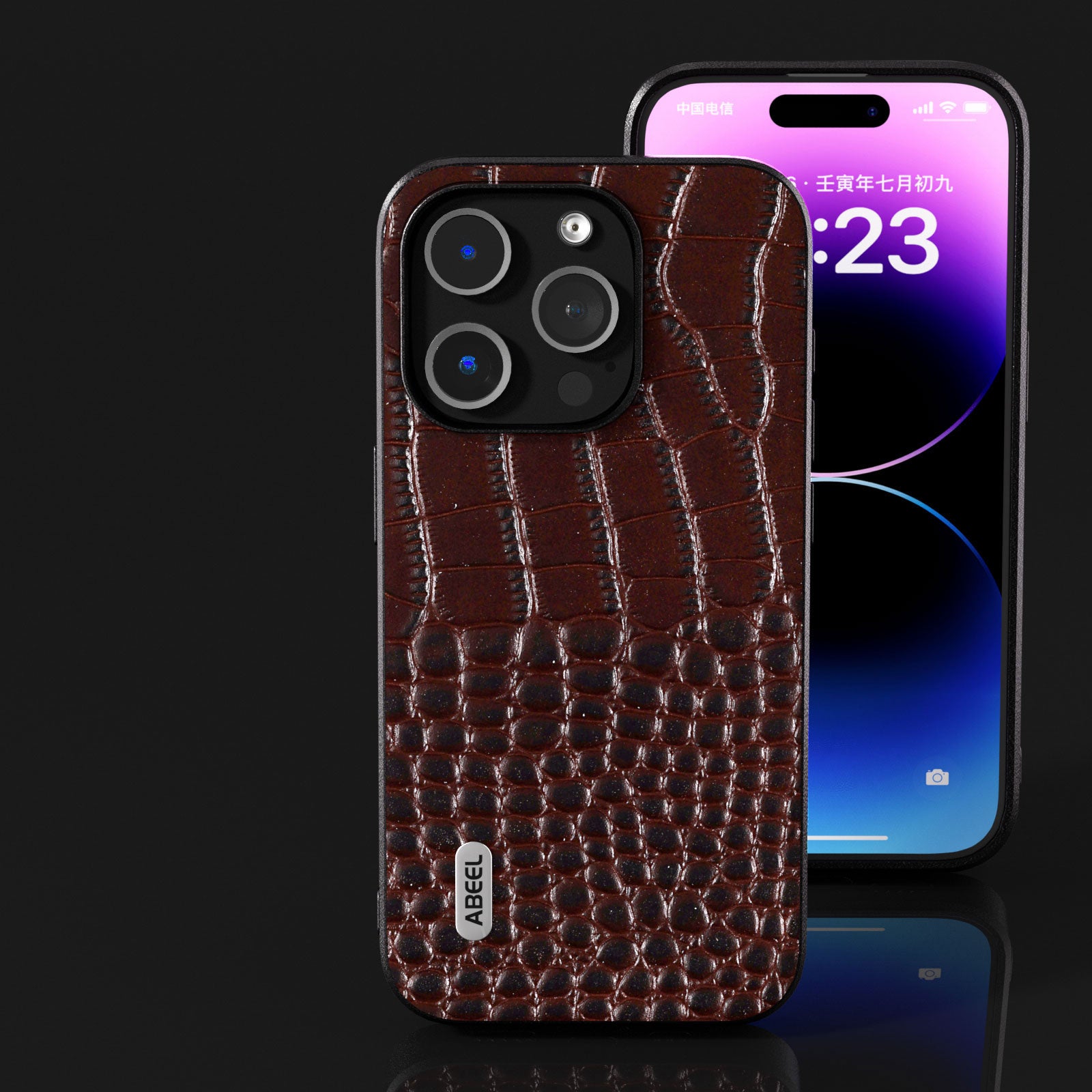 Uniqkart For 	iPhone 15 Pro Crocodile Texture Phone Case Genuine Cow Leather+PC+TPU Hybrid Cover - Coffee