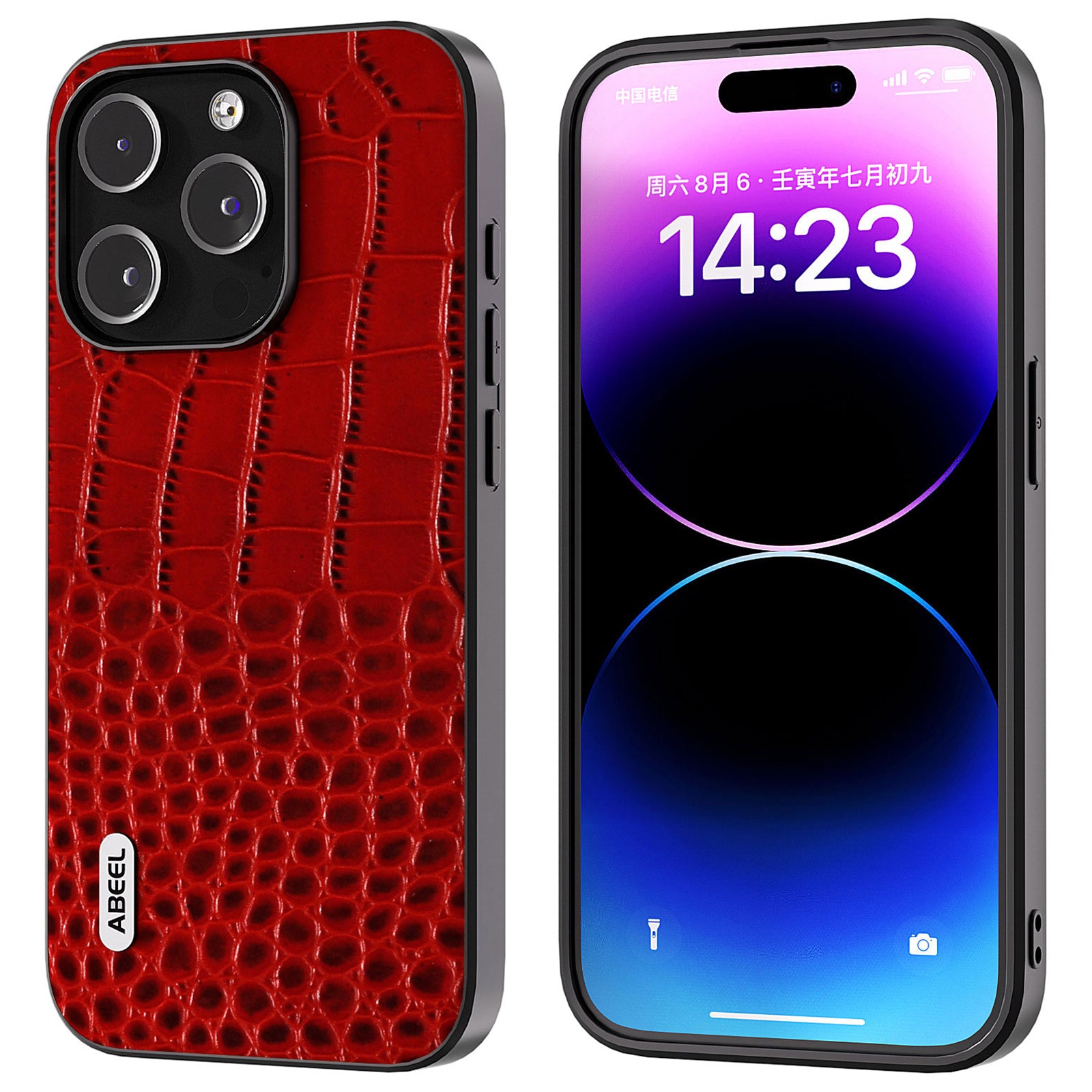 Uniqkart for 	iPhone 15 Pro Crocodile Texture Phone Case Genuine Cow Leather+PC+TPU Hybrid Cover - Red