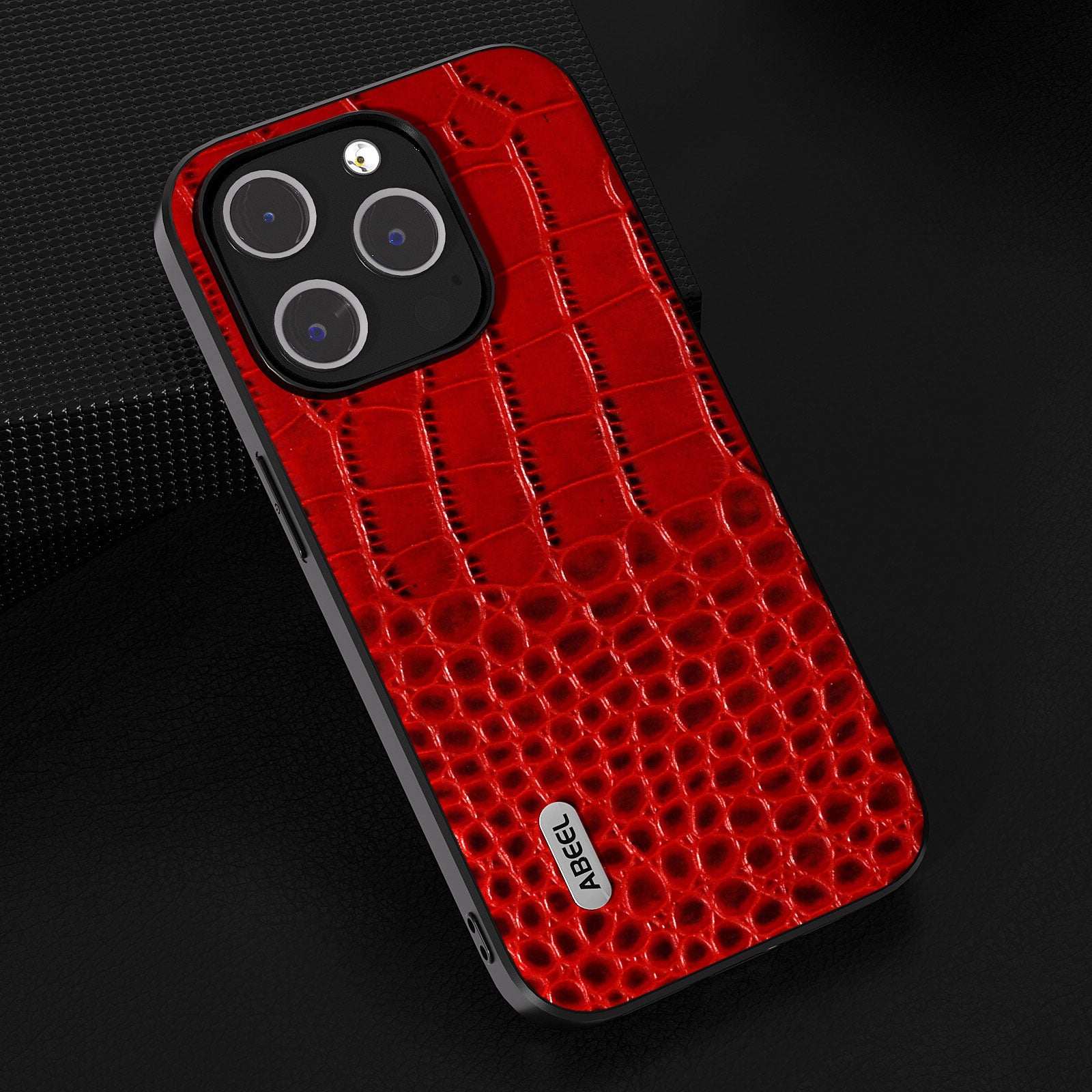 Uniqkart for 	iPhone 15 Pro Crocodile Texture Phone Case Genuine Cow Leather+PC+TPU Hybrid Cover - Red