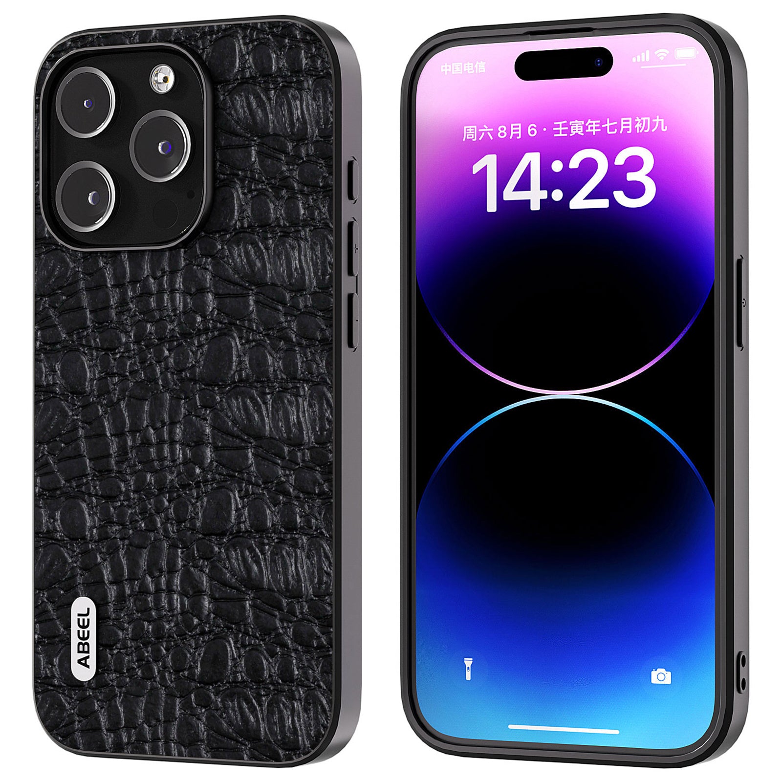 Uniqkart For iPhone 15 Pro Impact-Resistant Phone Case Genuine Cow Leather+PC+TPU Textured Cover - Black