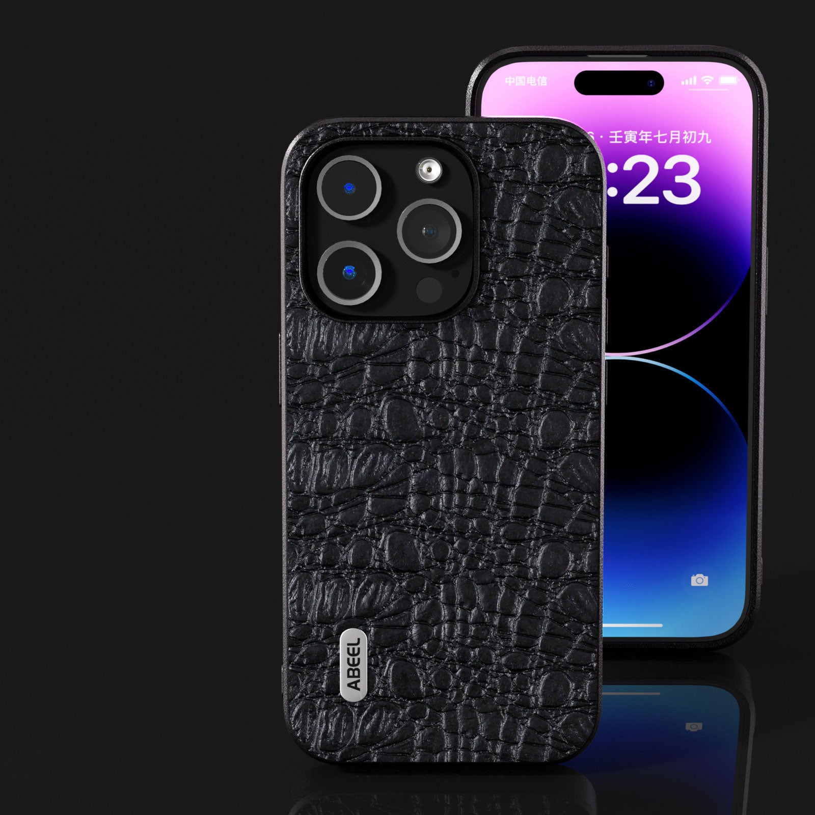 Uniqkart For iPhone 15 Pro Impact-Resistant Phone Case Genuine Cow Leather+PC+TPU Textured Cover - Black